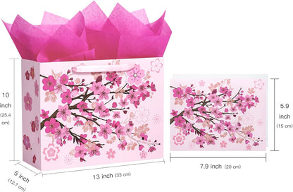 WRAPAHOLIC 13" Large Sakura Gift Bag with Card and Tissue Paper - Cherry Blossom
