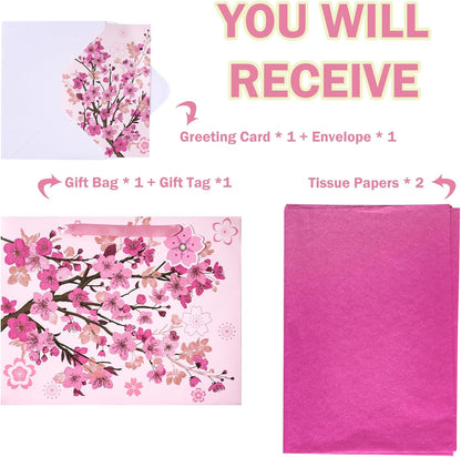 WRAPAHOLIC 13" Large Sakura Gift Bag with Card and Tissue Paper - Cherry Blossom