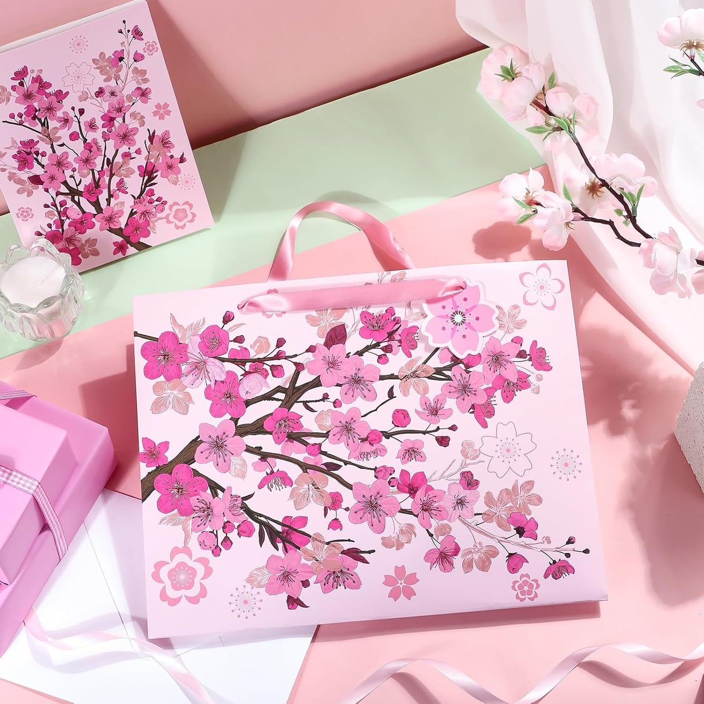 WRAPAHOLIC 13" Large Sakura Gift Bag with Card and Tissue Paper - Cherry Blossom