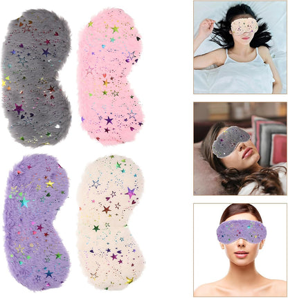 Plush Sleep Eye Masks 4pcs Lightproof Sleeping Masks for Travel Home Office Comfortable Soft Faux Fur Eye Covers with Star Pattern Gray Pink Pearl White Purple