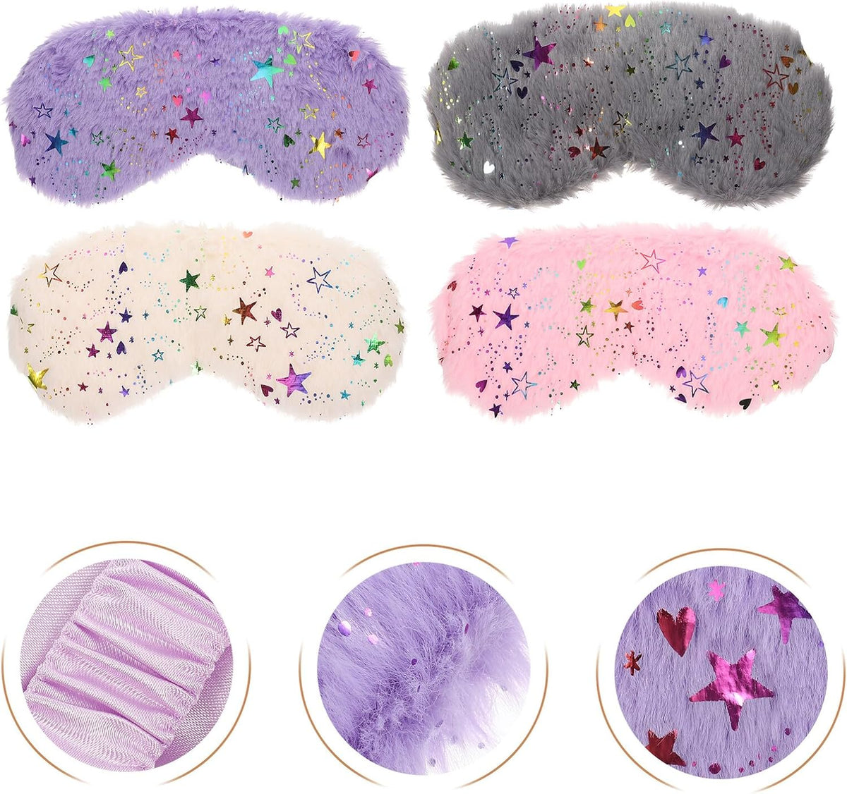 Plush Sleep Eye Masks 4pcs Lightproof Sleeping Masks for Travel Home Office Comfortable Soft Faux Fur Eye Covers with Star Pattern Gray Pink Pearl White Purple