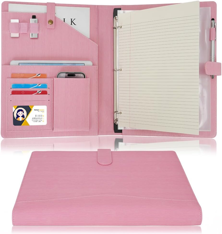 A4 PU Leather Portfolio Holder Ring File Document Case with Removable Binder Clipboard, Multi Pocket and Legal Pad for Business Organizer Interview and Meeting (Pink)