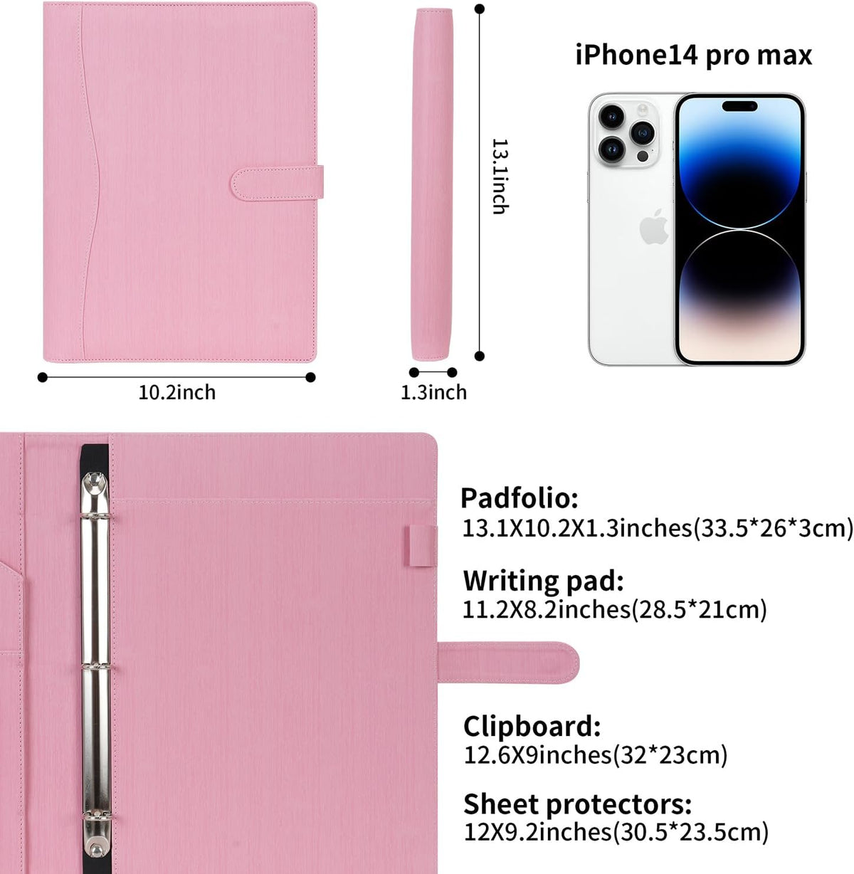 A4 PU Leather Portfolio Holder Ring File Document Case with Removable Binder Clipboard, Multi Pocket and Legal Pad for Business Organizer Interview and Meeting (Pink)