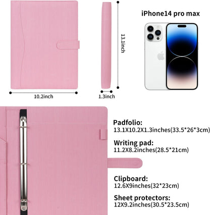 A4 PU Leather Portfolio Holder Ring File Document Case with Removable Binder Clipboard, Multi Pocket and Legal Pad for Business Organizer Interview and Meeting (Pink)