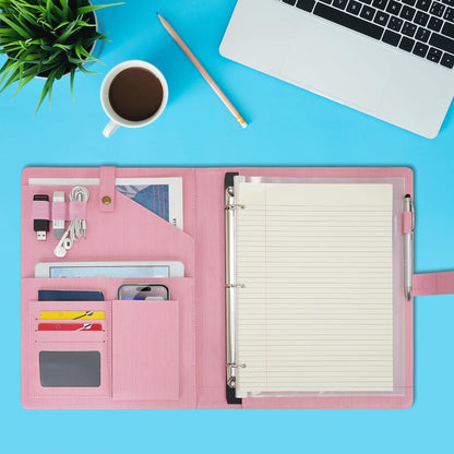 A4 PU Leather Portfolio Holder Ring File Document Case with Removable Binder Clipboard, Multi Pocket and Legal Pad for Business Organizer Interview and Meeting (Pink)