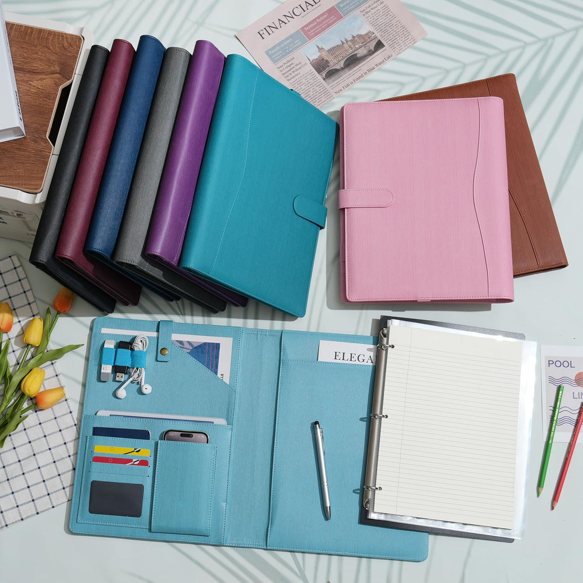 A4 PU Leather Portfolio Holder Ring File Document Case with Removable Binder Clipboard, Multi Pocket and Legal Pad for Business Organizer Interview and Meeting (Pink)