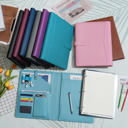 A4 PU Leather Portfolio Holder Ring File Document Case with Removable Binder Clipboard, Multi Pocket and Legal Pad for Business Organizer Interview and Meeting (Pink)