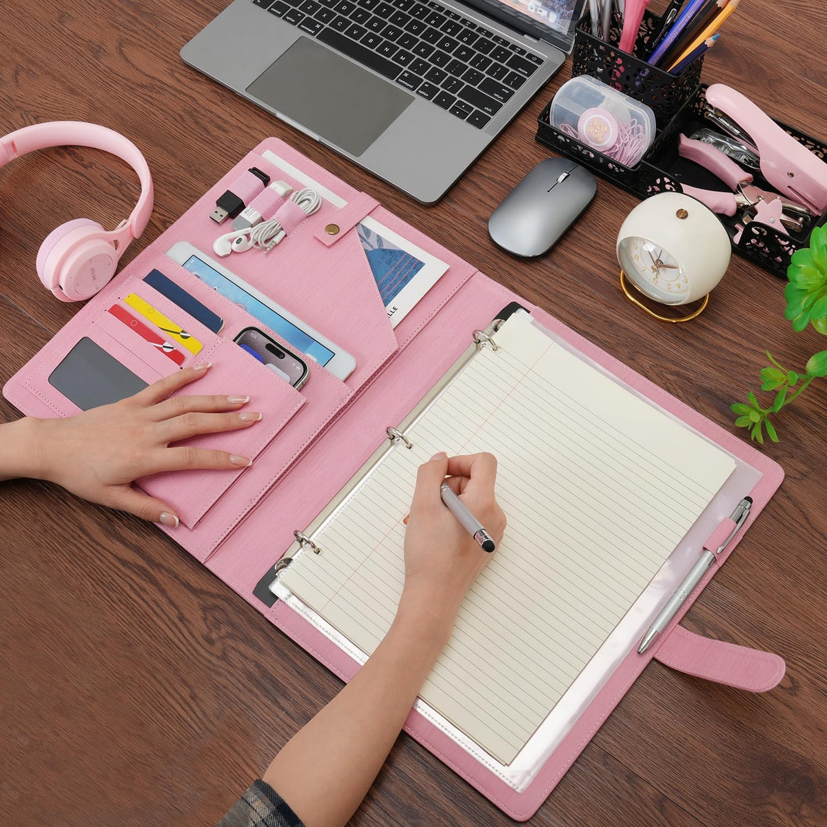 A4 PU Leather Portfolio Holder Ring File Document Case with Removable Binder Clipboard, Multi Pocket and Legal Pad for Business Organizer Interview and Meeting (Pink)