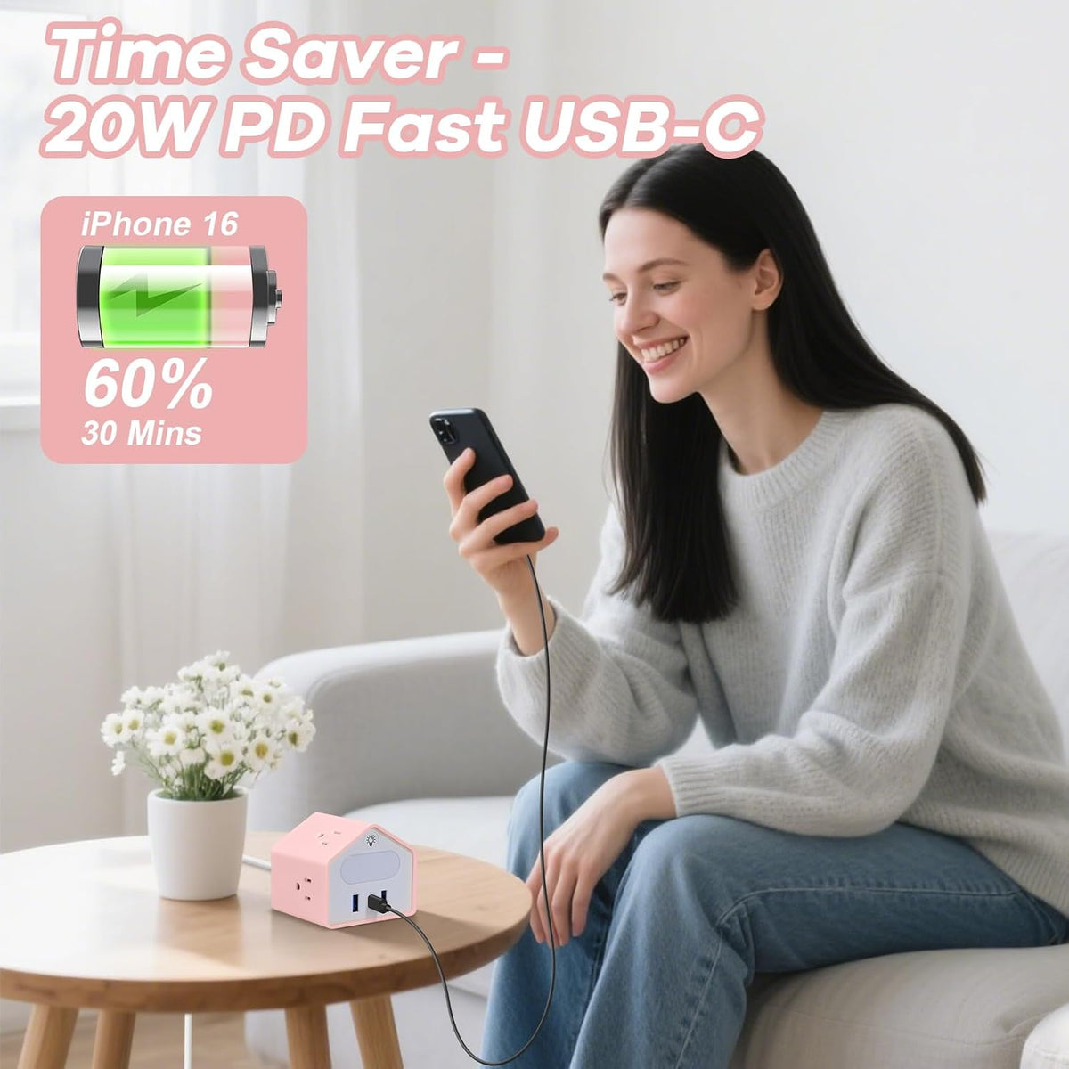 Lovely-Pink Power Strip with Night Light, Kawaii USB C Desk Accessories
