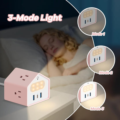 Lovely-Pink Power Strip with Night Light, Kawaii USB C Desk Accessories