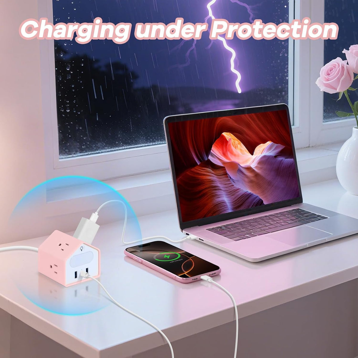 Lovely-Pink Power Strip with Night Light, Kawaii USB C Desk Accessories