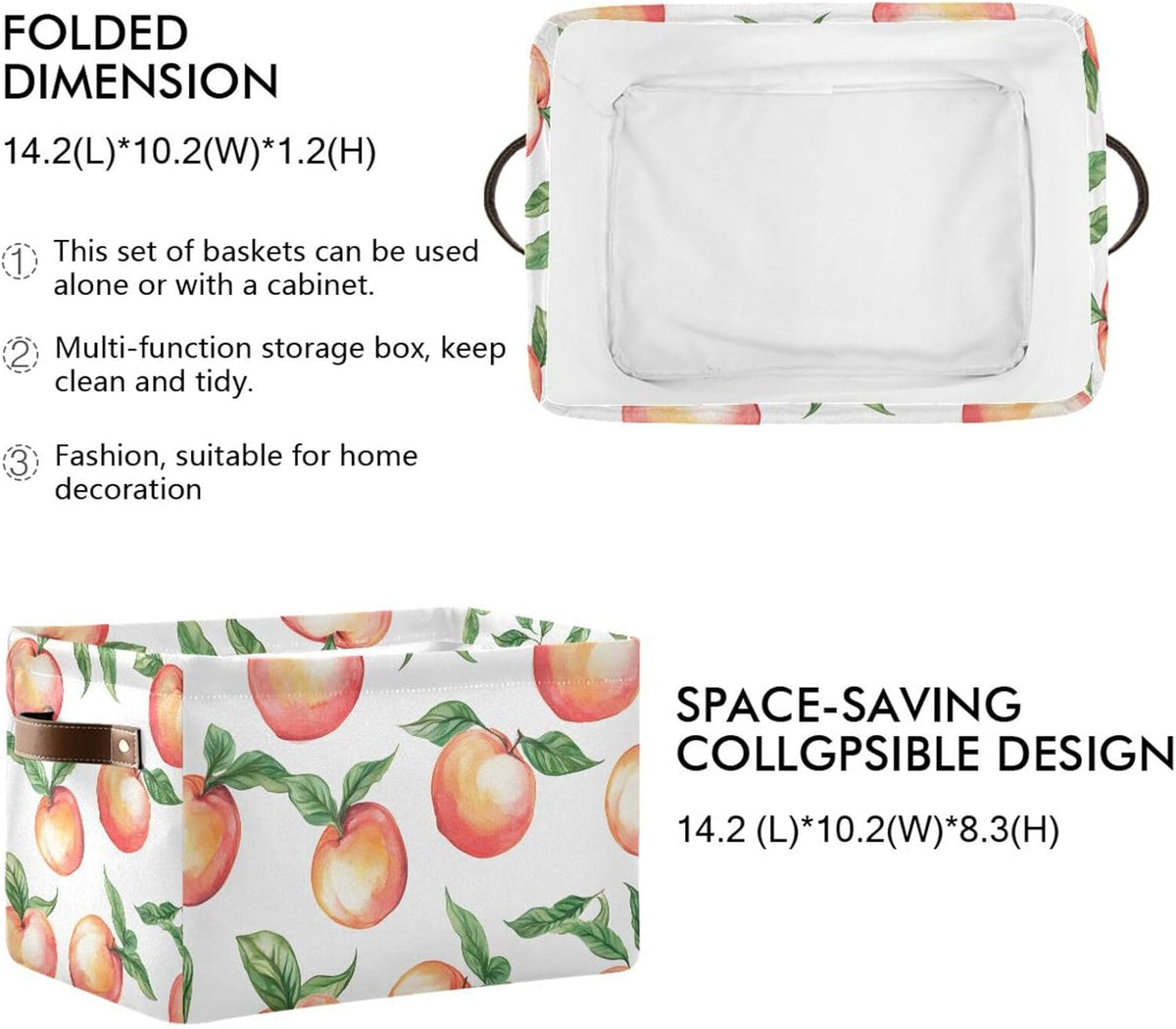 Peach Storage Basket Bin Canvas Fabric Organizer Toys Basket with Handles for Home Office Nursery, Clothes, Gifts, 2 Pcs