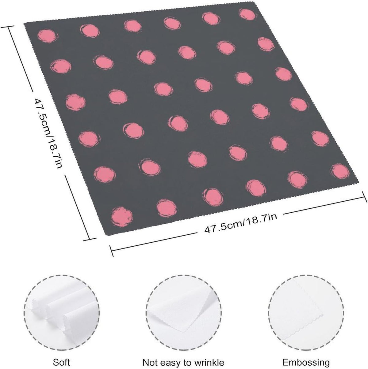 Cloth Napkins Set of 6, Light Pink Polka Dots in Grid on Solid Dark Gray Square Premium Reusable Washable Polyester Table Linen Napkin