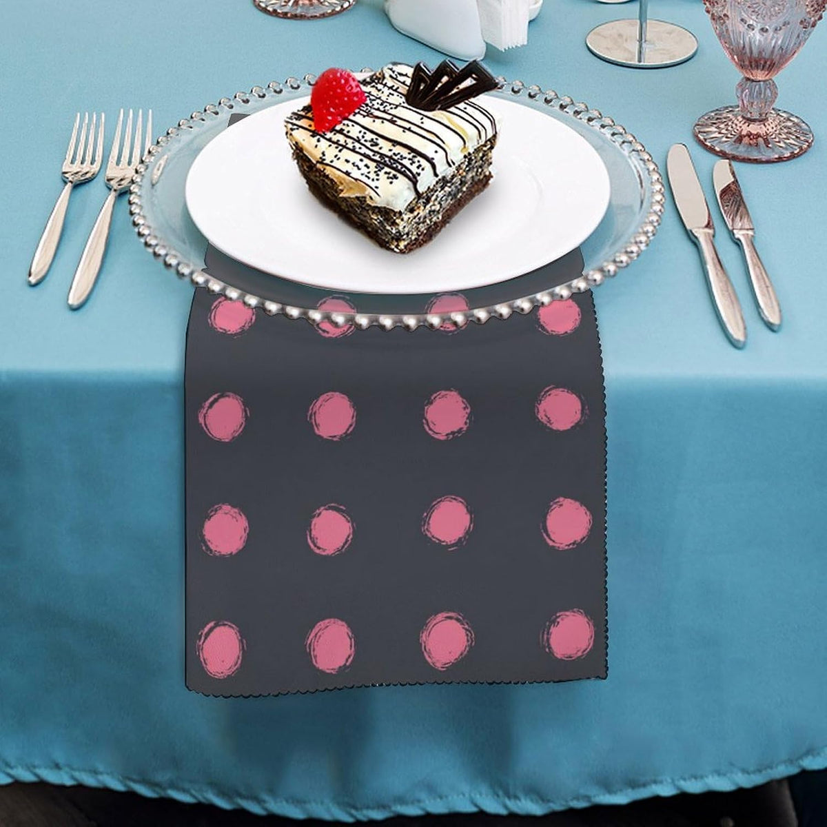 Cloth Napkins Set of 6, Light Pink Polka Dots in Grid on Solid Dark Gray Square Premium Reusable Washable Polyester Table Linen Napkin