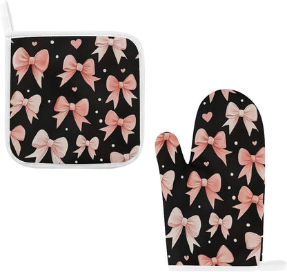Light Pink Bows White Dots and Hearts Oven Mitts and Pot Holders Set, Heat Resistant Kitchen Gloves and Potholders for Cooking, Baking, Grilling and BBQ