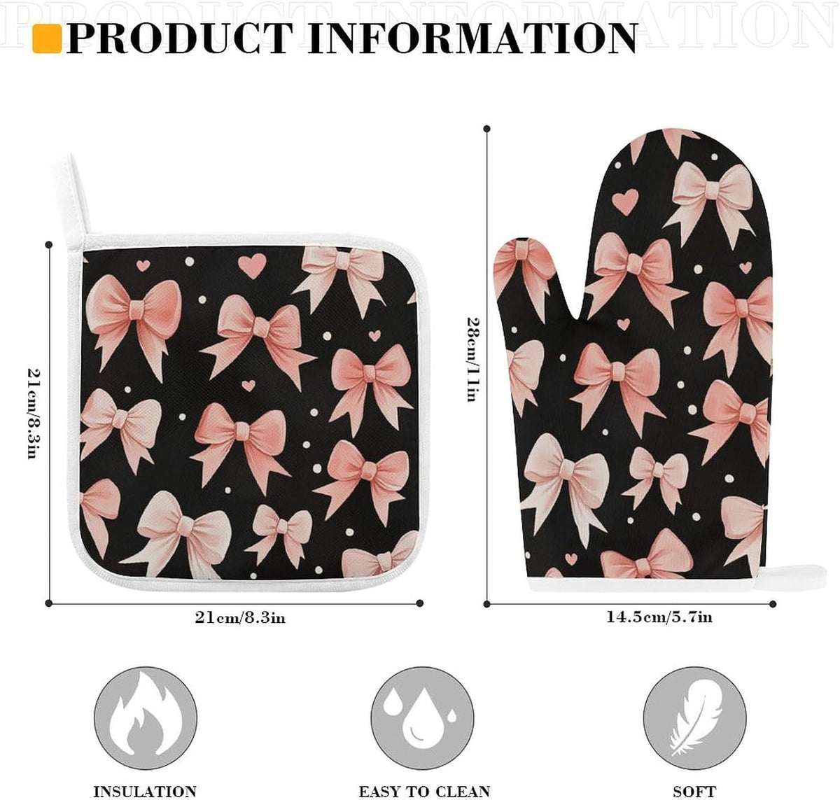 Light Pink Bows White Dots and Hearts Oven Mitts and Pot Holders Set, Heat Resistant Kitchen Gloves and Potholders for Cooking, Baking, Grilling and BBQ