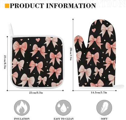 Light Pink Bows White Dots and Hearts Oven Mitts and Pot Holders Set, Heat Resistant Kitchen Gloves and Potholders for Cooking, Baking, Grilling and BBQ