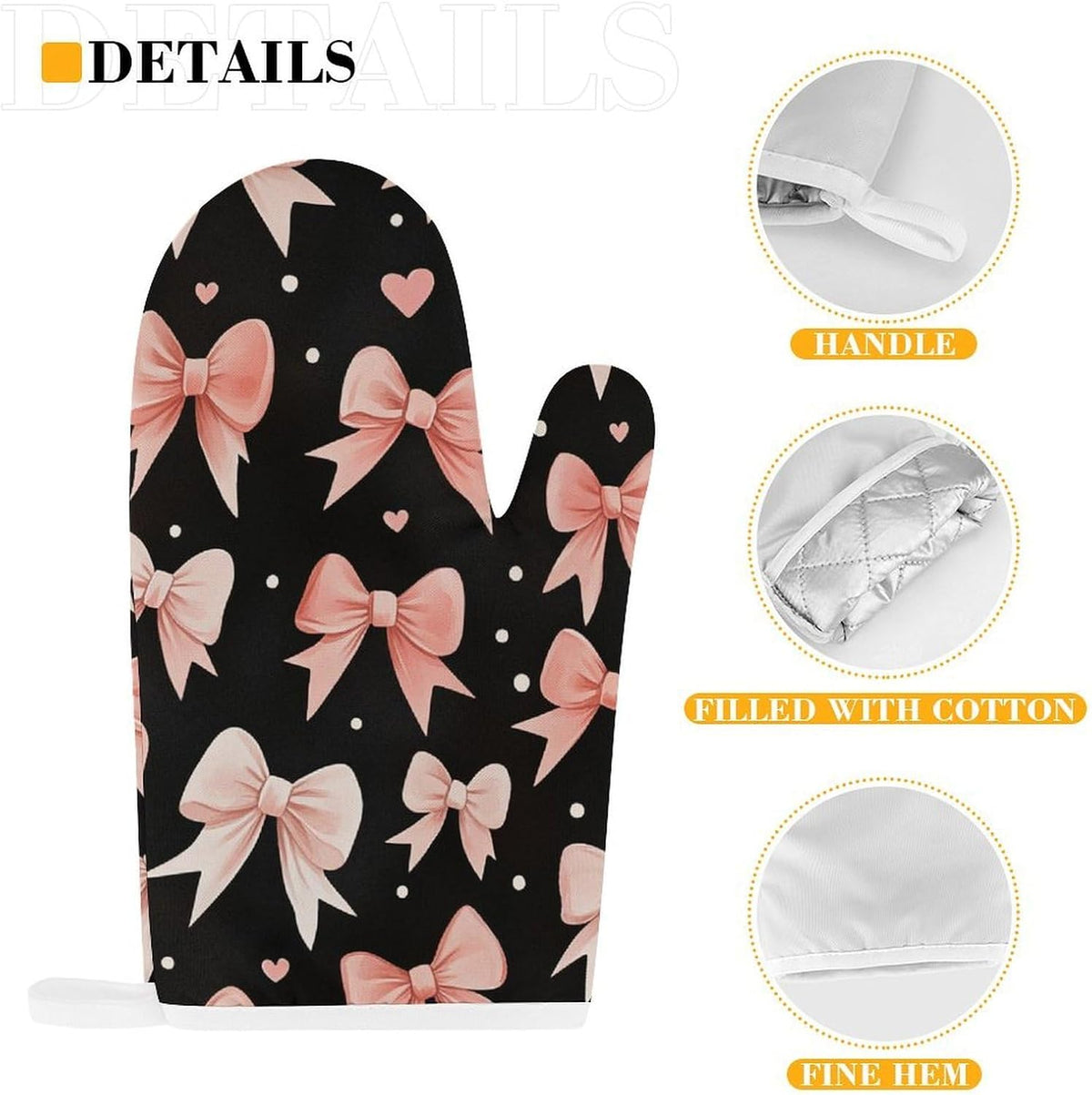 Light Pink Bows White Dots and Hearts Oven Mitts and Pot Holders Set, Heat Resistant Kitchen Gloves and Potholders for Cooking, Baking, Grilling and BBQ