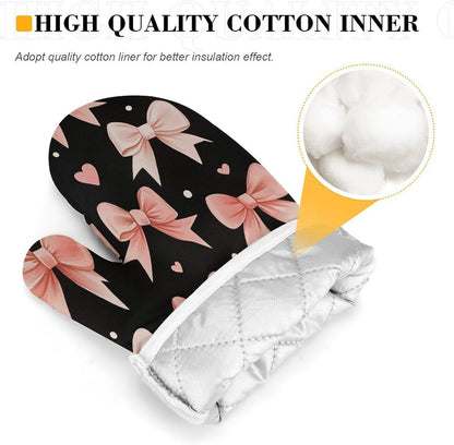 Light Pink Bows White Dots and Hearts Oven Mitts and Pot Holders Set, Heat Resistant Kitchen Gloves and Potholders for Cooking, Baking, Grilling and BBQ