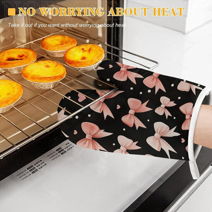 Light Pink Bows White Dots and Hearts Oven Mitts and Pot Holders Set, Heat Resistant Kitchen Gloves and Potholders for Cooking, Baking, Grilling and BBQ