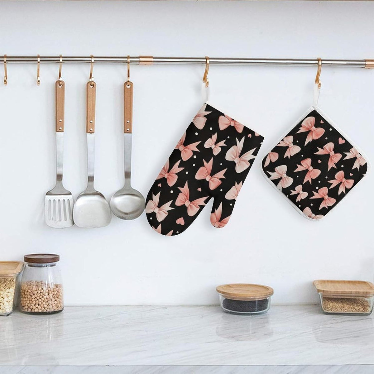 Light Pink Bows White Dots and Hearts Oven Mitts and Pot Holders Set, Heat Resistant Kitchen Gloves and Potholders for Cooking, Baking, Grilling and BBQ