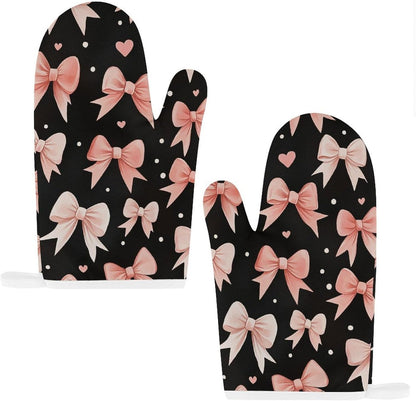 Light Pink Bows White Dots and Hearts Oven Mitts and Pot Holders Set, Heat Resistant Kitchen Gloves and Potholders for Cooking, Baking, Grilling and BBQ