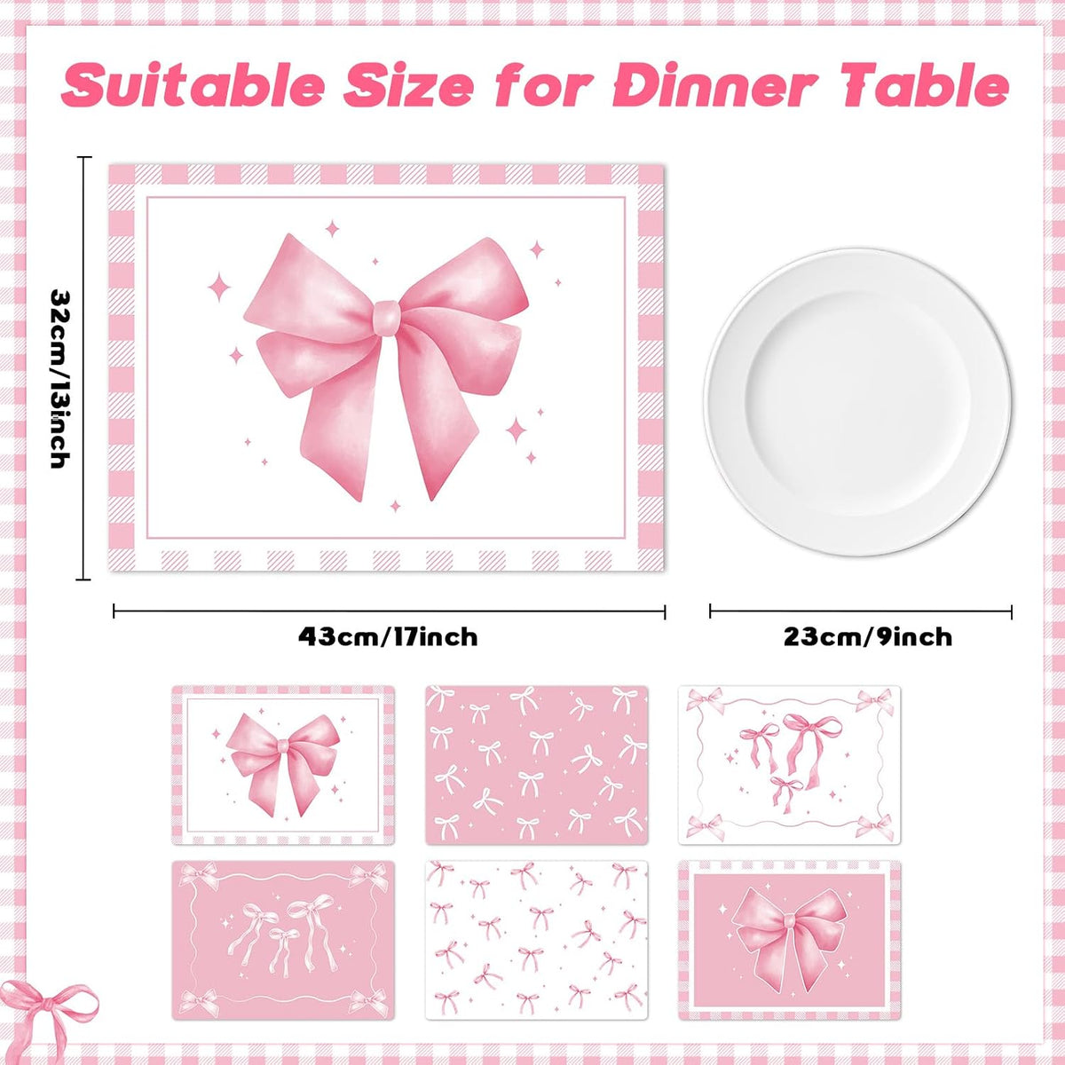 Pink Bow Placemats Set of 6 Cute Coquette Plastic Table Mat 17×13×0.04in