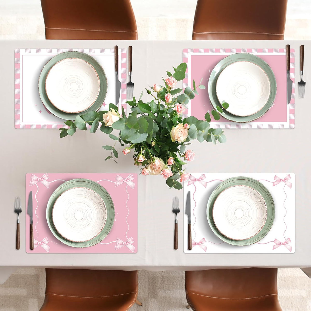 Pink Bow Placemats Set of 6 Cute Coquette Plastic Table Mat 17×13×0.04in