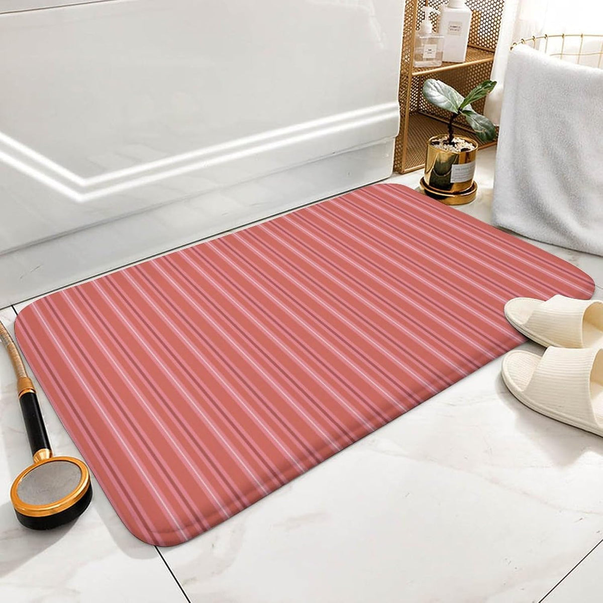 Trendy & Cute Pink Stripes Bath Mat Rug 24x16, Ultra Soft Bathroom Rug, Non Slip and Absorbent Bath Rug Carpet for Bathroom Floor, Tub and Shower