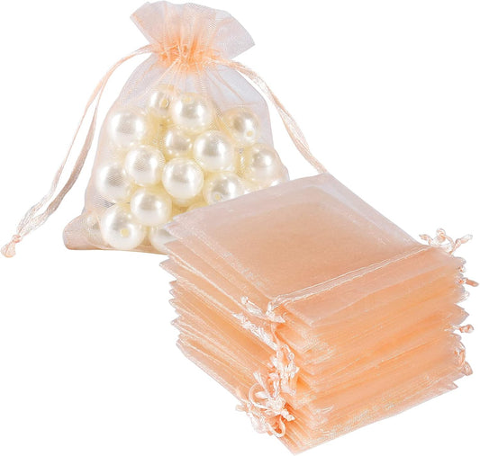 HRX Package 100pcs Little Organza Bags 3 x 4 inch, Blush Peach Mesh Bags Drawstring Pouches for Jewelry Bracelets Candy Party Favor Small Gift
