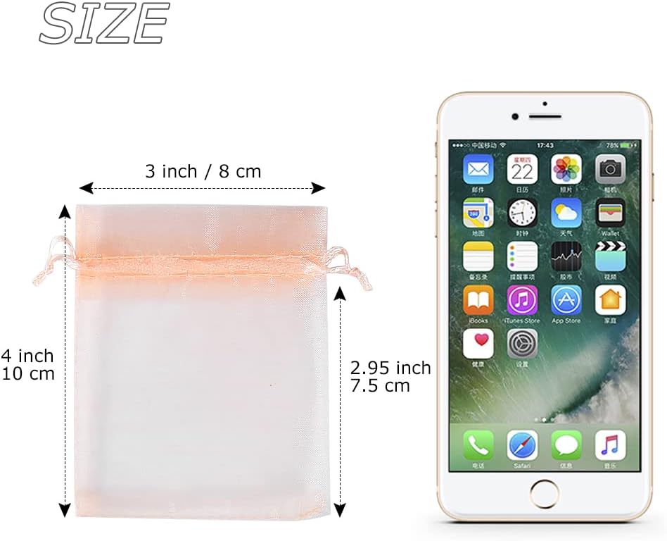 HRX Package 100pcs Little Organza Bags 3 x 4 inch, Blush Peach Mesh Bags Drawstring Pouches for Jewelry Bracelets Candy Party Favor Small Gift