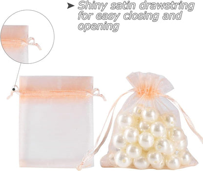 HRX Package 100pcs Little Organza Bags 3 x 4 inch, Blush Peach Mesh Bags Drawstring Pouches for Jewelry Bracelets Candy Party Favor Small Gift