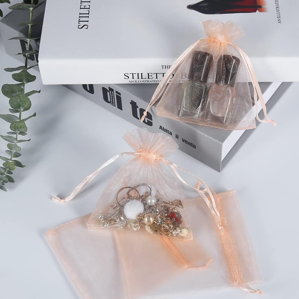 HRX Package 100pcs Little Organza Bags 3 x 4 inch, Blush Peach Mesh Bags Drawstring Pouches for Jewelry Bracelets Candy Party Favor Small Gift