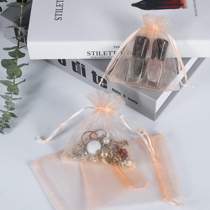 HRX Package 100pcs Little Organza Bags 3 x 4 inch, Blush Peach Mesh Bags Drawstring Pouches for Jewelry Bracelets Candy Party Favor Small Gift