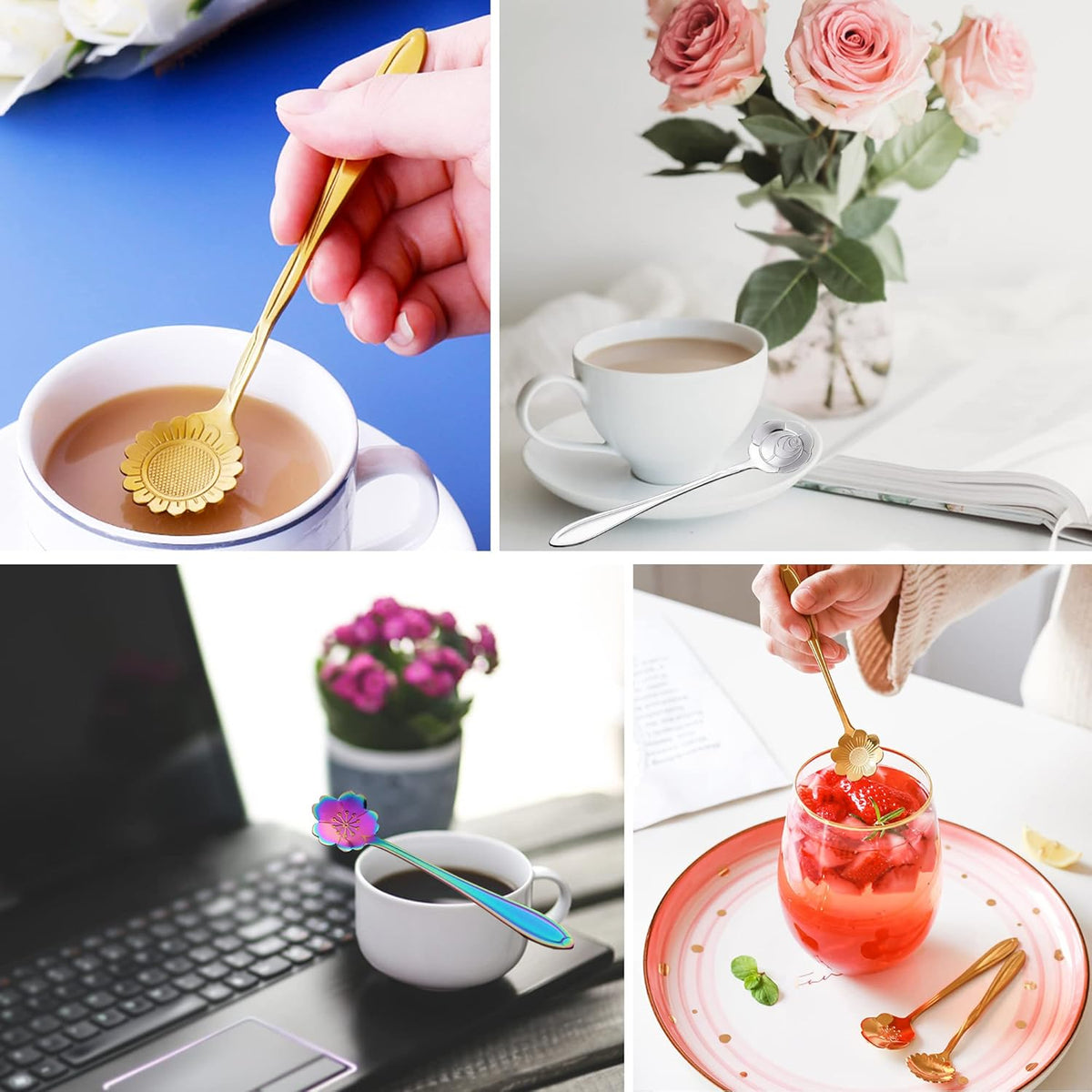 16 Pieces Flower Spoon Coffee Teaspoon Set, Stainless Steel Coffee Tea Spoons Dessert Scoop for Stirring Drink Mixing Milkshake Jam