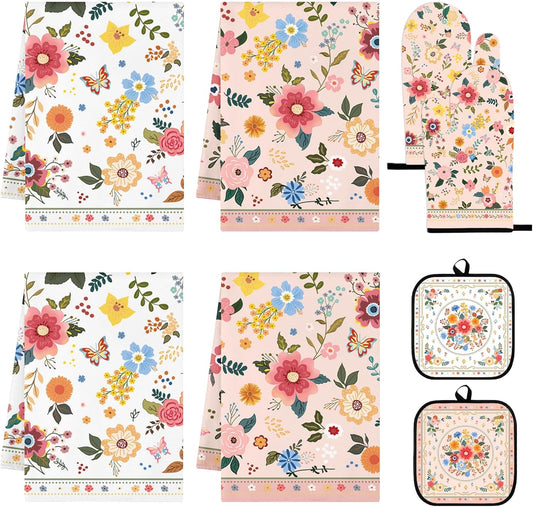 8 Pcs Vintage Floral Kitchen Towels Sets with Oven Mitts and Pot Holders Pink Kitchen Decor Accessories Spring Flower Absorbent Microfiber Dish Towels Set with Pot Holders for Home Cooking Gifts
