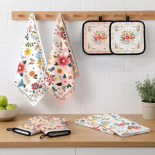 8 Pcs Vintage Floral Kitchen Towels Sets with Oven Mitts and Pot Holders Pink Kitchen Decor Accessories Spring Flower Absorbent Microfiber Dish Towels Set with Pot Holders for Home Cooking Gifts