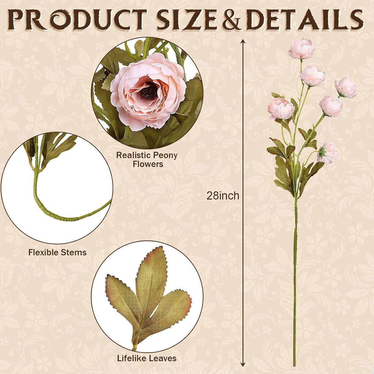 8 Pcs Faux Peony Branches -28'' Artificial Peonies Stems