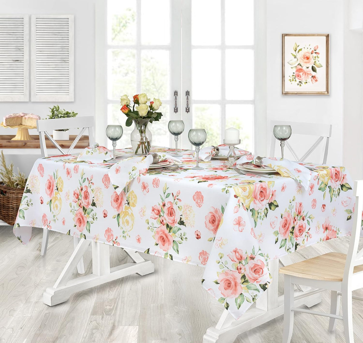 Newbridge Marie Floral Fabric Tablecloth, 52 x 70 Inch Rectangle