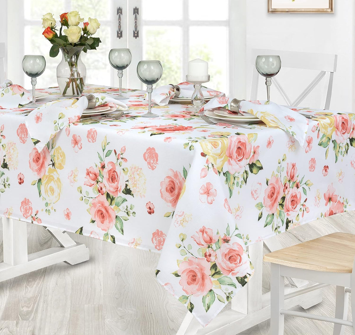 Newbridge Marie Floral Fabric Tablecloth, 52 x 70 Inch Rectangle