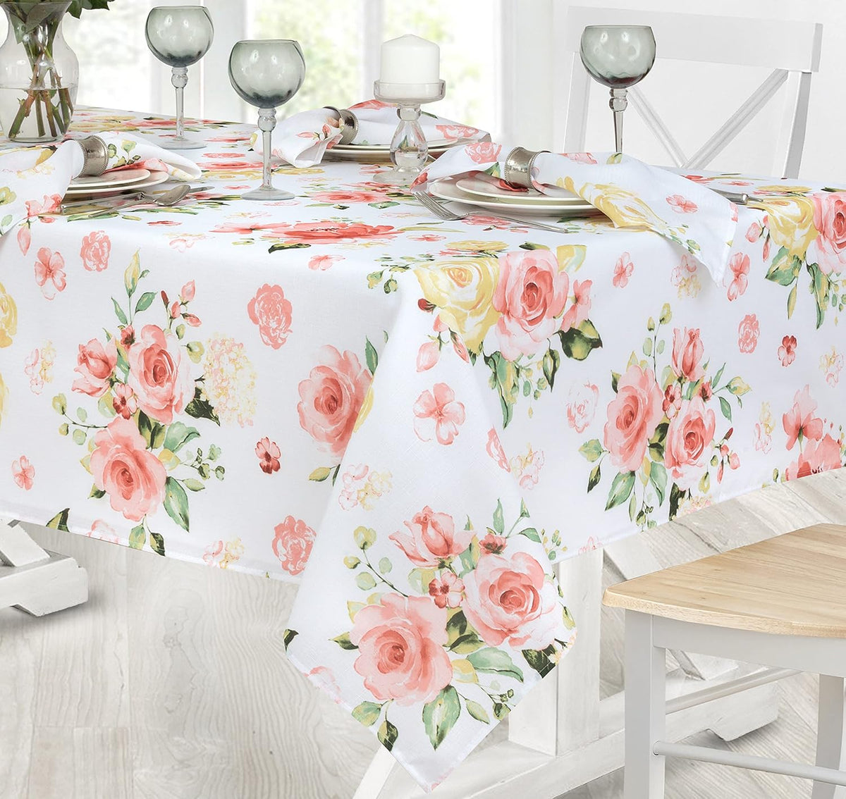 Newbridge Marie Floral Fabric Tablecloth, 52 x 70 Inch Rectangle