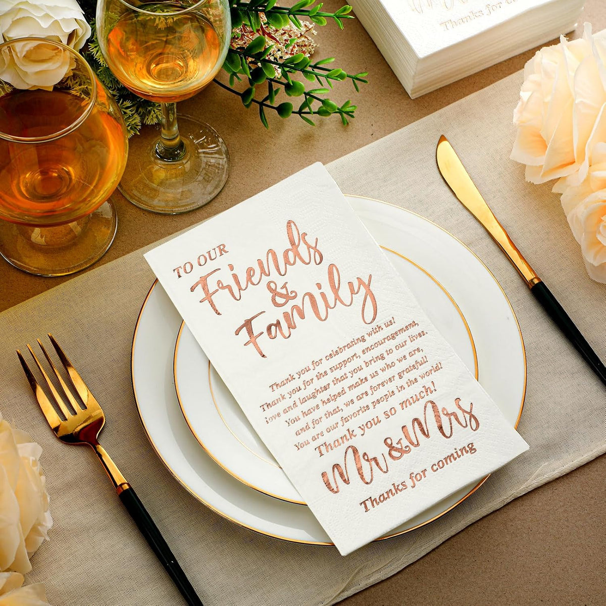 100 Pcs Wedding Napkins Mr & Mrs Dinner Napkins for Reception Disposable Decorative Towels for Wedding Shower Banquet Rehearsal Dinner Decor (Rose Gold)