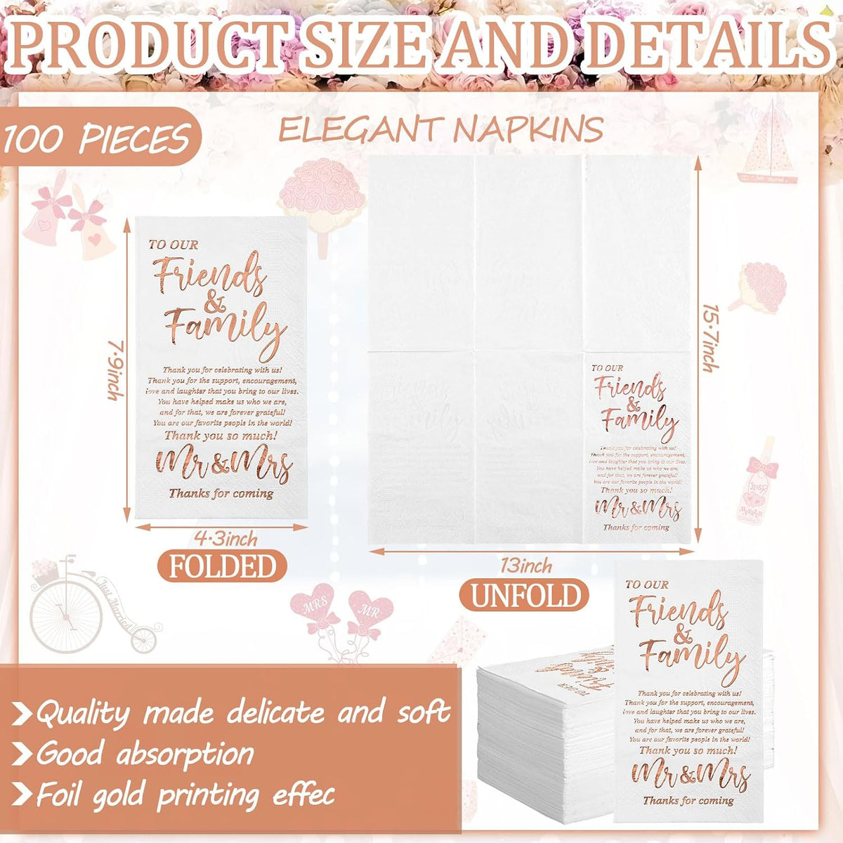 100 Pcs Wedding Napkins Mr & Mrs Dinner Napkins for Reception Disposable Decorative Towels for Wedding Shower Banquet Rehearsal Dinner Decor (Rose Gold)