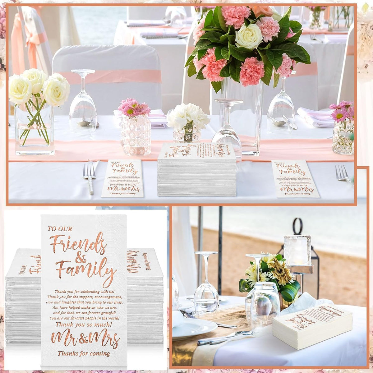 100 Pcs Wedding Napkins Mr & Mrs Dinner Napkins for Reception Disposable Decorative Towels for Wedding Shower Banquet Rehearsal Dinner Decor (Rose Gold)