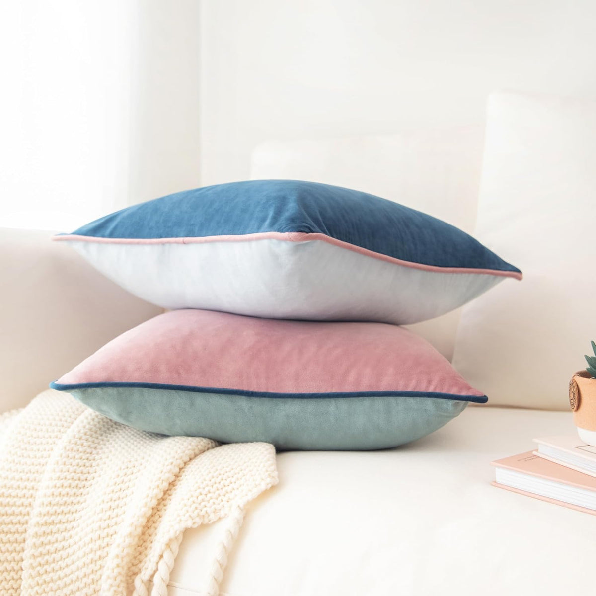 Decorative Throw Pillow Covers Cushion Cases, Set of 2 Soft Velvet Modern Double-Sided Designs, Mix and Match for Home Decor, Pillow Inserts Not Included (18x18 inch, Pink/Blue)