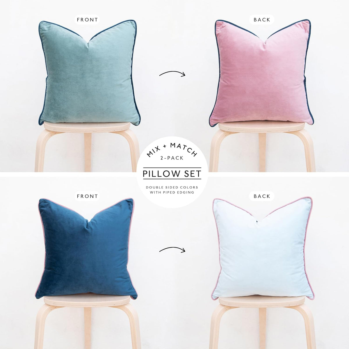 Decorative Throw Pillow Covers Cushion Cases, Set of 2 Soft Velvet Modern Double-Sided Designs, Mix and Match for Home Decor, Pillow Inserts Not Included (18x18 inch, Pink/Blue)