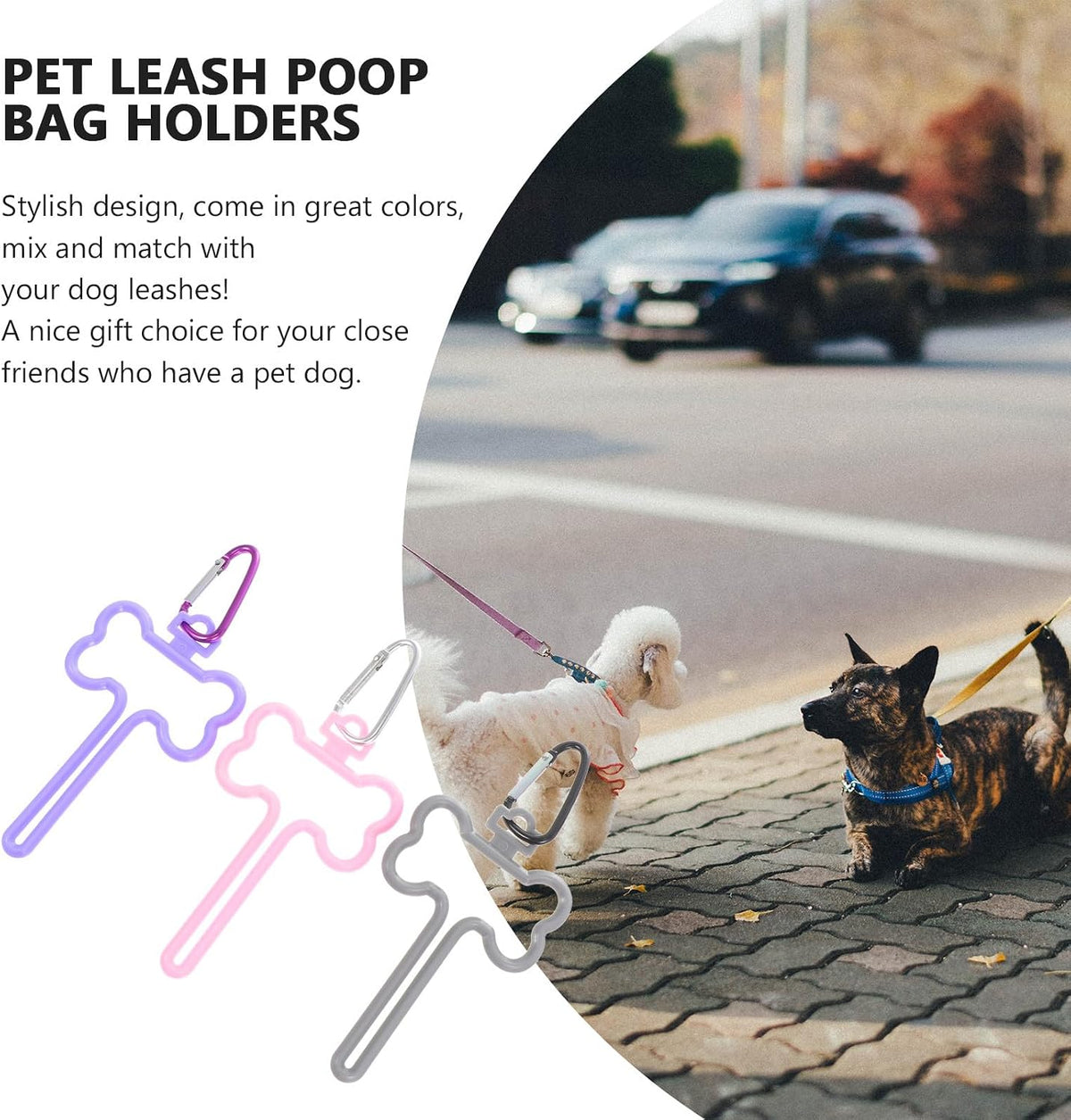 3pcs Dog Waste Bag Holder Clips Hands-free Knot Fixing Portable Pet Poop Bag Leash Carrier for Walking Dogs with Pink, Purple, and Gray