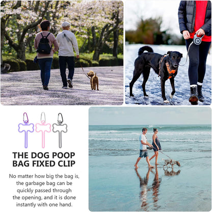 3pcs Dog Waste Bag Holder Clips Hands-free Knot Fixing Portable Pet Poop Bag Leash Carrier for Walking Dogs with Pink, Purple, and Gray