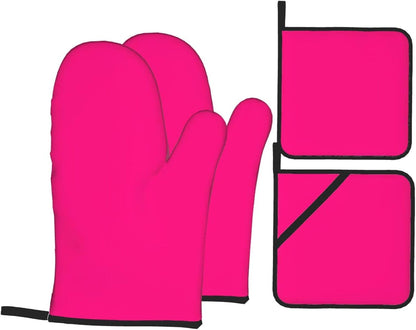 4PCS Oven Mitts and Pot Holders Sets, Solid Rose Deep Pink Oven Mitts Set Heat Resistant Kitchen Microwave Gloves Safe for Baking,Cooking, BBQ