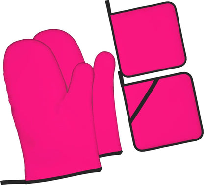 4PCS Oven Mitts and Pot Holders Sets, Solid Rose Deep Pink Oven Mitts Set Heat Resistant Kitchen Microwave Gloves Safe for Baking,Cooking, BBQ